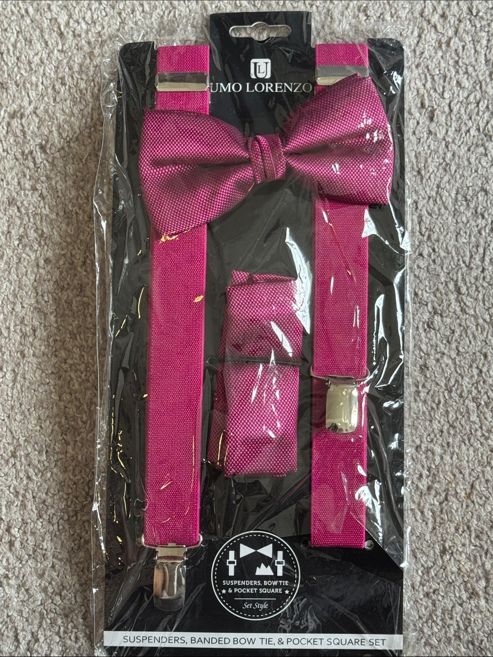 lorenzo Bright Fuchsia Suspenders, Bow Tie & Pocket Square Set